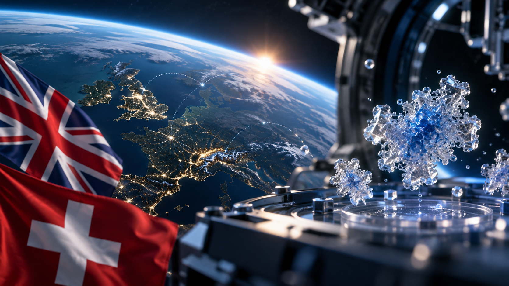 Illustration: UK and Swiss flags beside an orbital laboratory with crystal structures, symbolising UK–Swiss cooperation. Not a photograph.