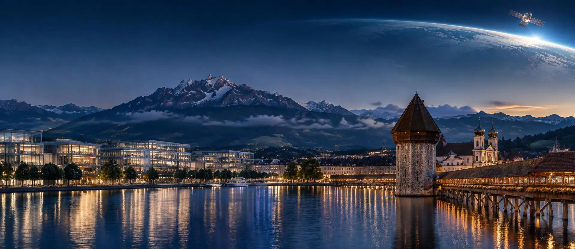 Concept illustration: Lucerne at blue hour with the Chapel Bridge, the water tower and modern laboratory buildings along the lake, Mount Pilatus behind, and the curve of Earth with a satellite high in the sky.