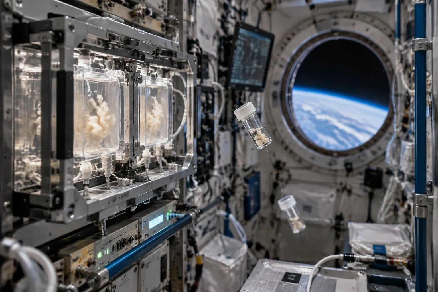 Concept illustration: sealed transparent culture containers in a rack-mounted experiment unit inside a space-station module, with small sample vials floating and Earth visible through a round window.