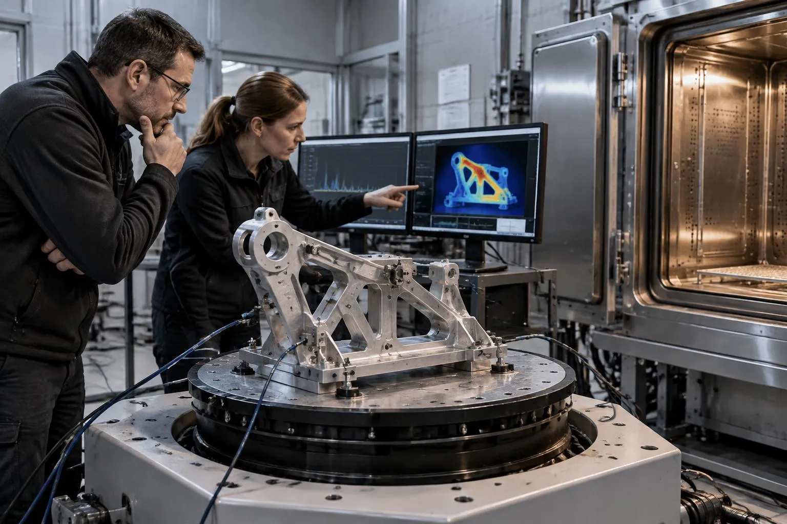 Concept illustration: two engineers examine a machined aluminium bracket mounted on a vibration test table, with vibration spectra and a thermal map on monitors and an open thermal chamber beside them.