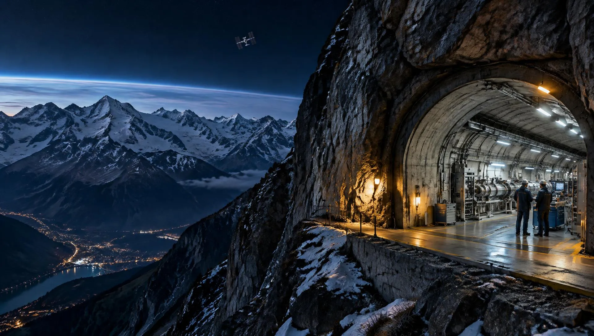 Concept illustration: a lit tunnel entrance in an Alpine rock face opens onto an underground research gallery where two engineers stand beside instrumentation, while the curve of Earth and a small orbital station appear in the night sky above snow-covered peaks.