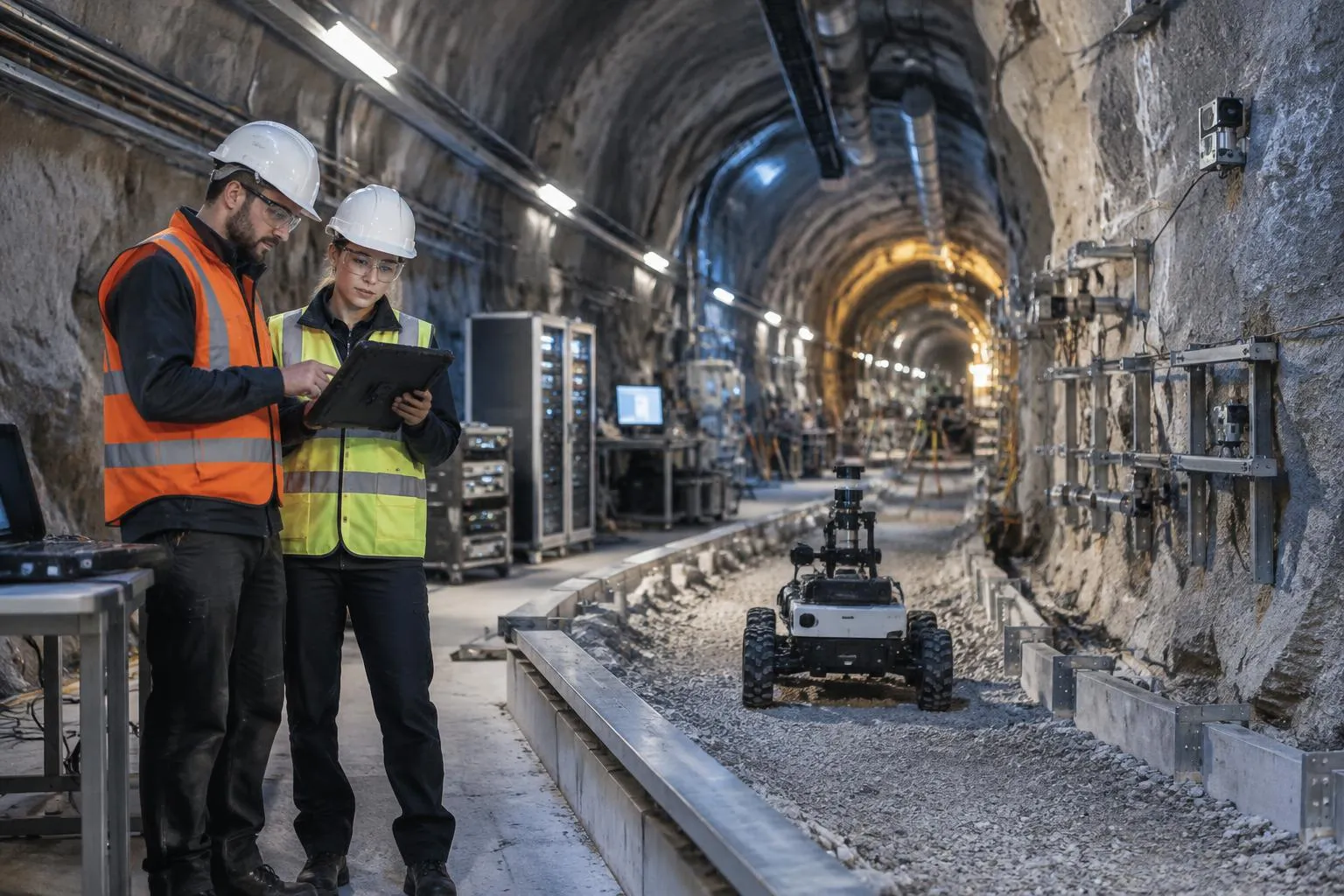 Concept illustration: two researchers in hard hats and safety vests review a tablet in a rock tunnel lined with sensors and equipment racks, as a small robotic rover sits on a gravel test track.