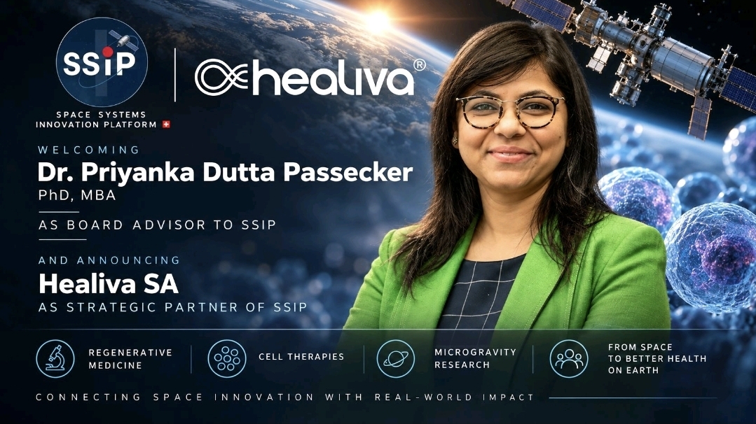 Official announcement artwork: SSIP and Healiva logos, a portrait of Dr. Priyanka Dutta Passecker, PhD, MBA, welcomed as Board Advisor to SSIP, and Healiva SA announced as Strategic Partner of SSIP, with the themes regenerative medicine, cell therapies and microgravity research.