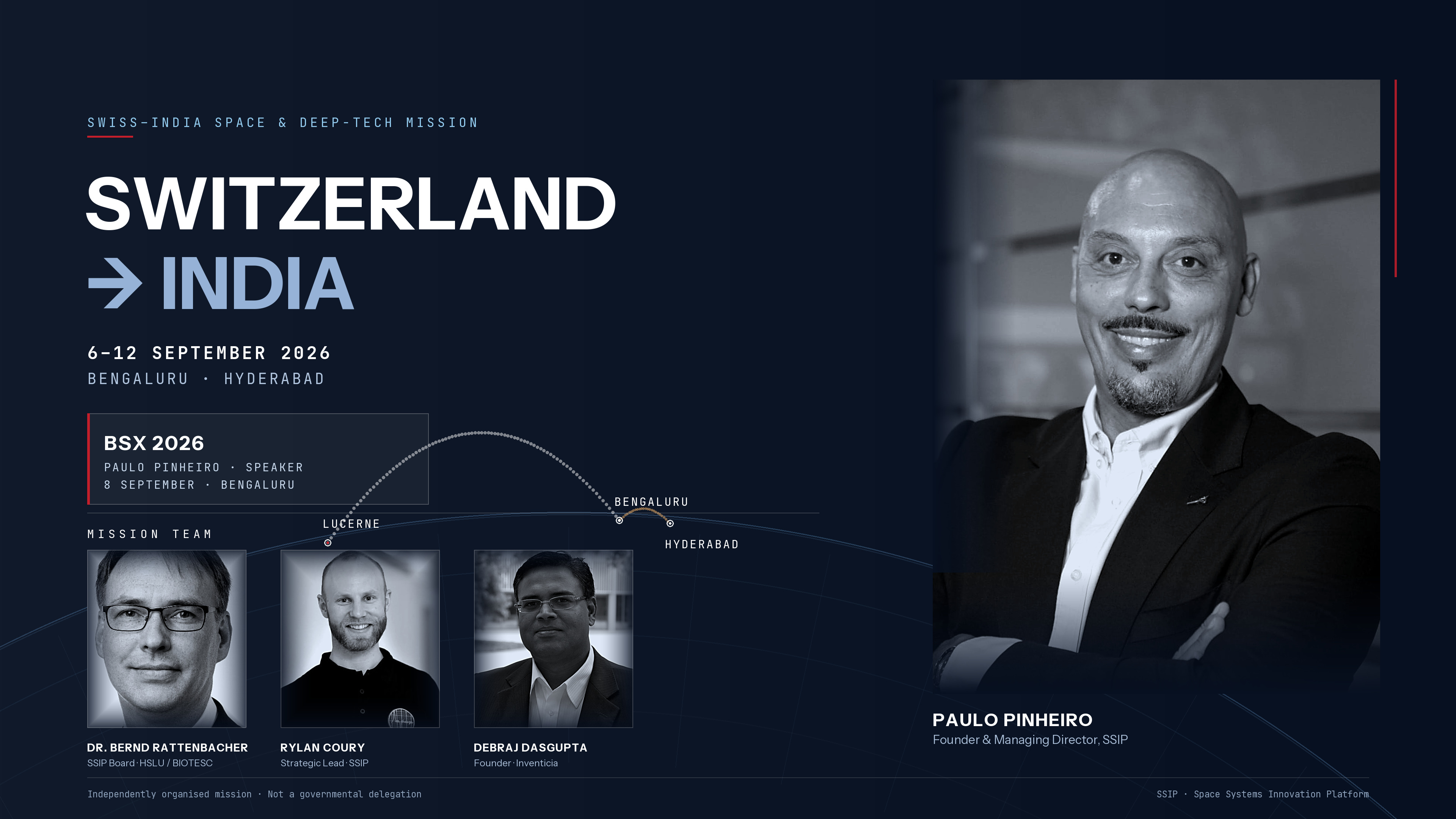 Swiss–India Space & Deep-Tech Mission, 6–12 September 2026: mission team Paulo Pinheiro (SSIP, BSX 2026 speaker), Dr. Bernd Rattenbacher, Rylan Coury and Debraj Dasgupta, Lucerne to Bengaluru and Hyderabad