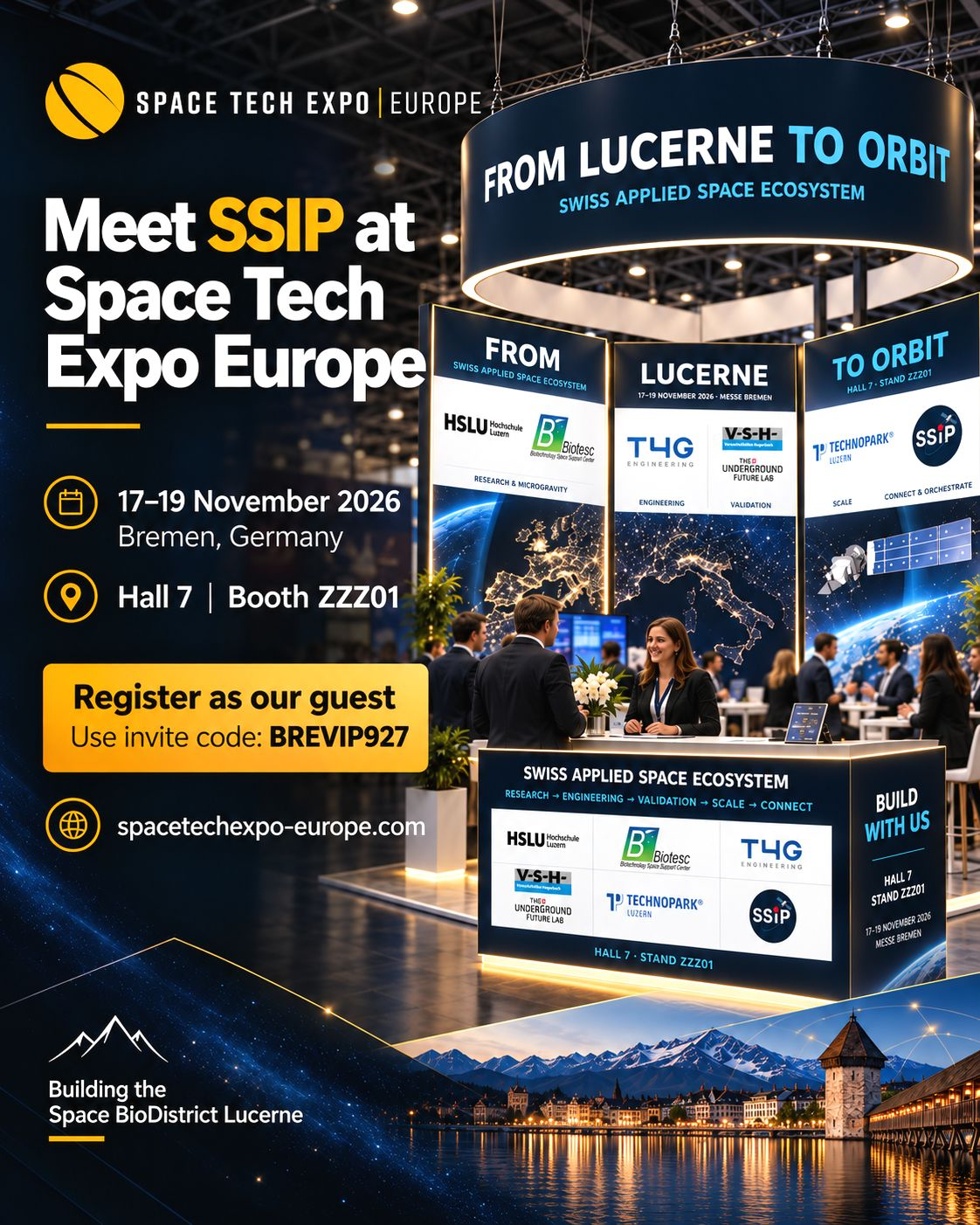 Concept illustration of the SSIP exhibition presence supplied by SSIP — not a photograph of the completed booth.