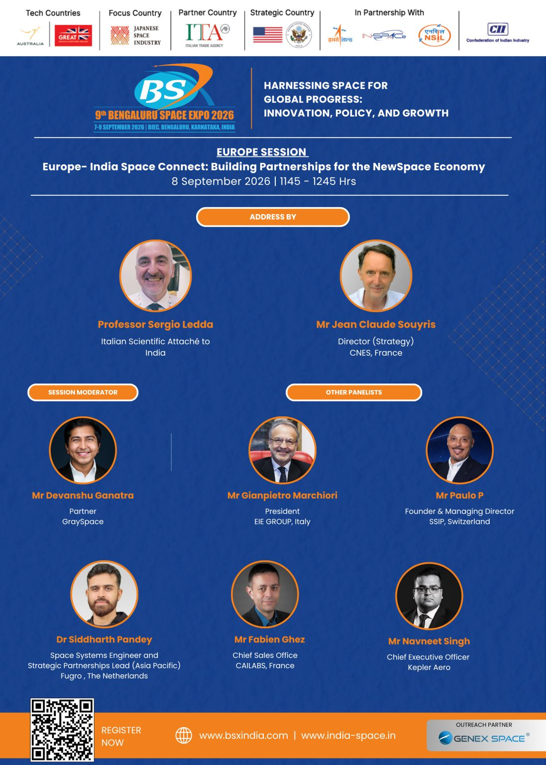 The organiser’s programme for the Europe–India Space Connect session, 8 September 2026, 11:45–12:45.