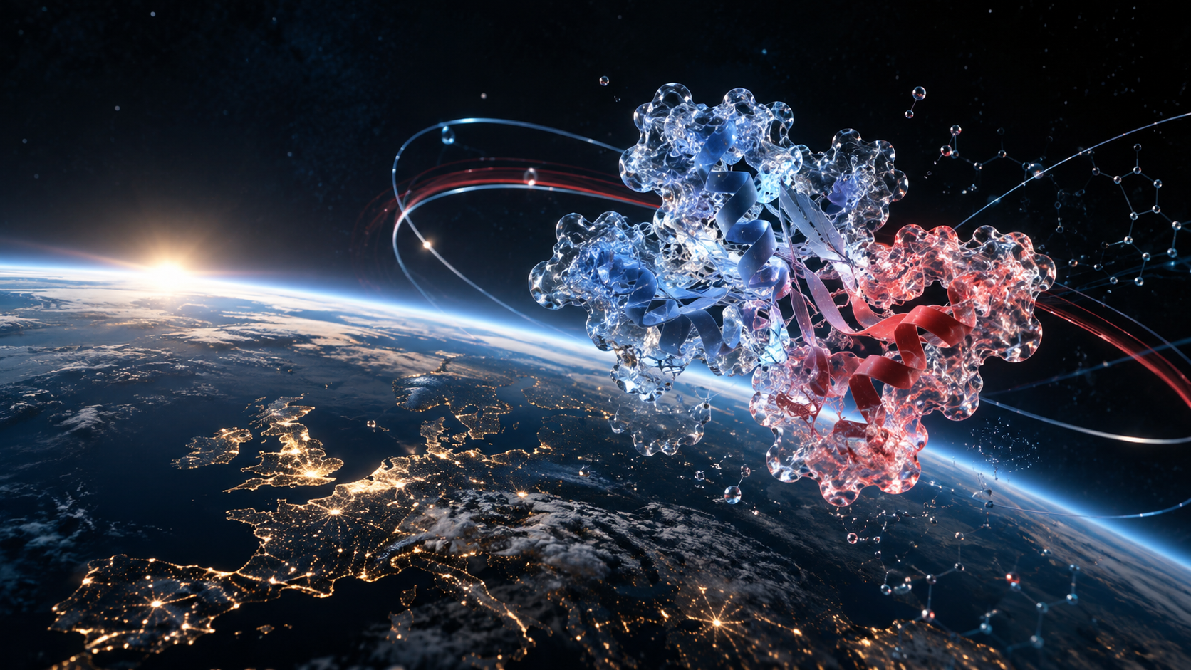 Illustration: a protein structure above Europe at night, evoking microgravity research for biopharma. Not a scientific image.