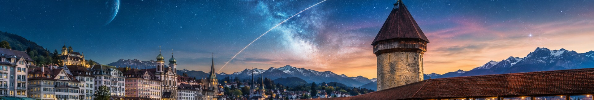 Lucerne’s Chapel Bridge and Water Tower beneath a stylised night sky; promotional illustration for NASA Space Apps Challenge Lucerne.