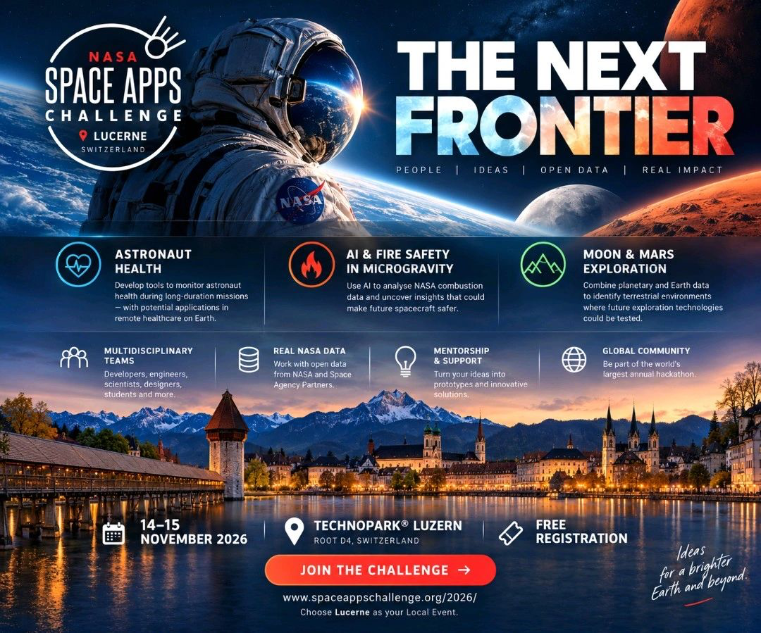 Official promotional poster for NASA Space Apps Challenge Lucerne 2026, “The Next Frontier”, at Technopark Luzern on 14–15 November 2026.