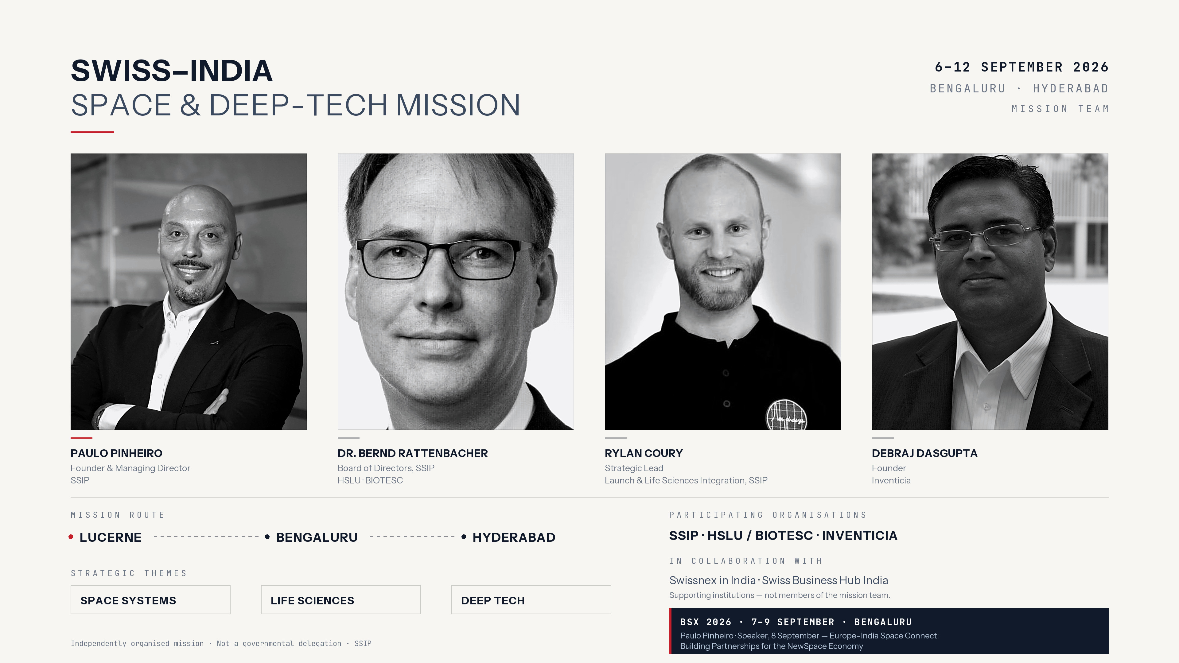 Mission team of the Swiss–India Space & Deep-Tech Mission: Paulo Pinheiro (SSIP), Dr. Bernd Rattenbacher (SSIP, HSLU/BIOTESC), Rylan Coury (SSIP) and Debraj Dasgupta (Inventicia), with the Lucerne–Bengaluru–Hyderabad route and BSX 2026 details